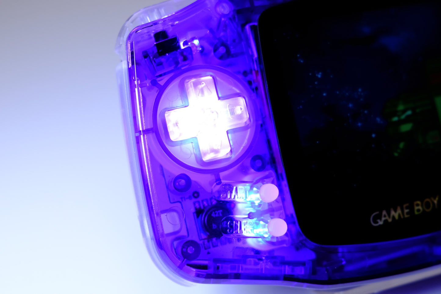 Clear Purple Modded Gameboy Advance GBA with IPS V5 Screen, Purple LED Buttons, and USB-C Battery