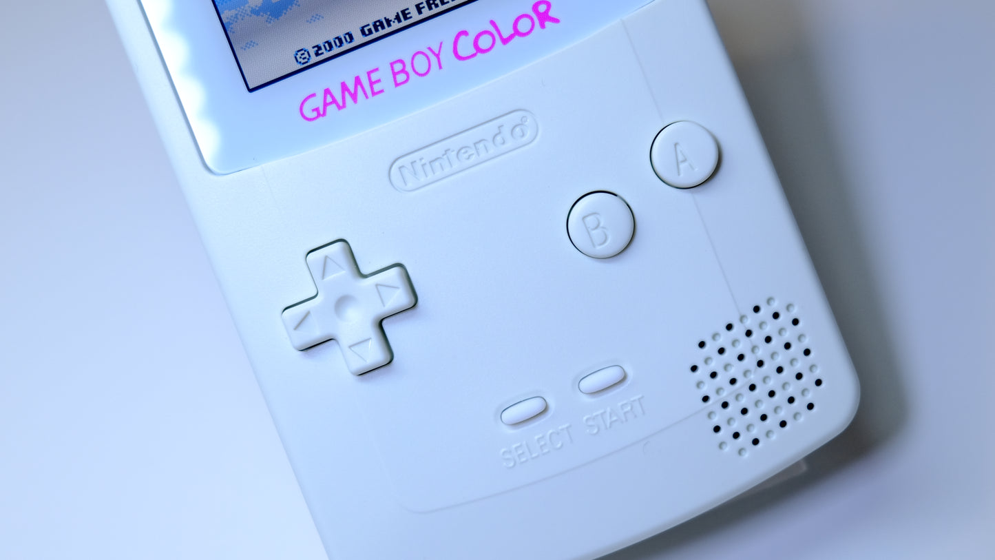 White Modded Gameboy Color GBC with OLED Touch Screen and Rechargeable USB-C Battery