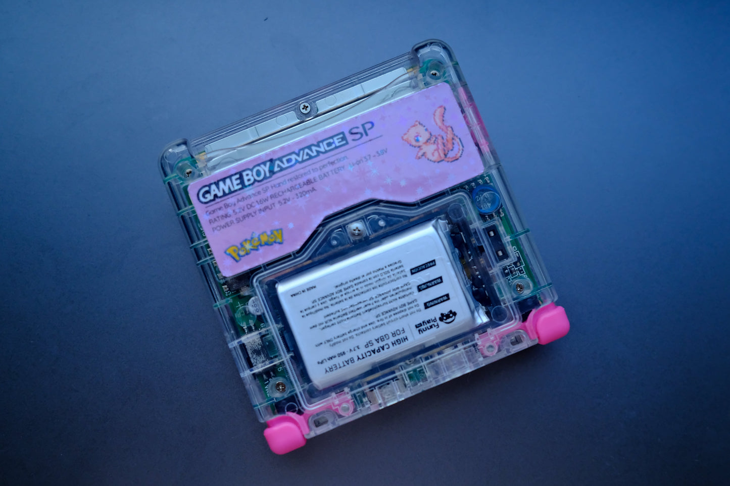 Mew Themed GBA SP with IPS V5 Screen, USB-C Port, MaxPlay Battery