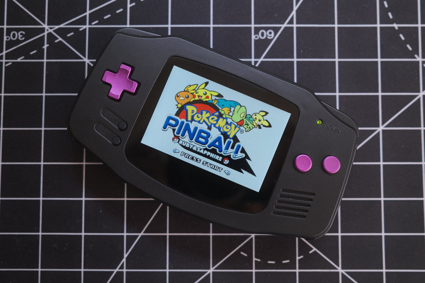 Black GBA Recapped, IPS V5 Screen, Purple Boxy Pixel Metal Buttons
