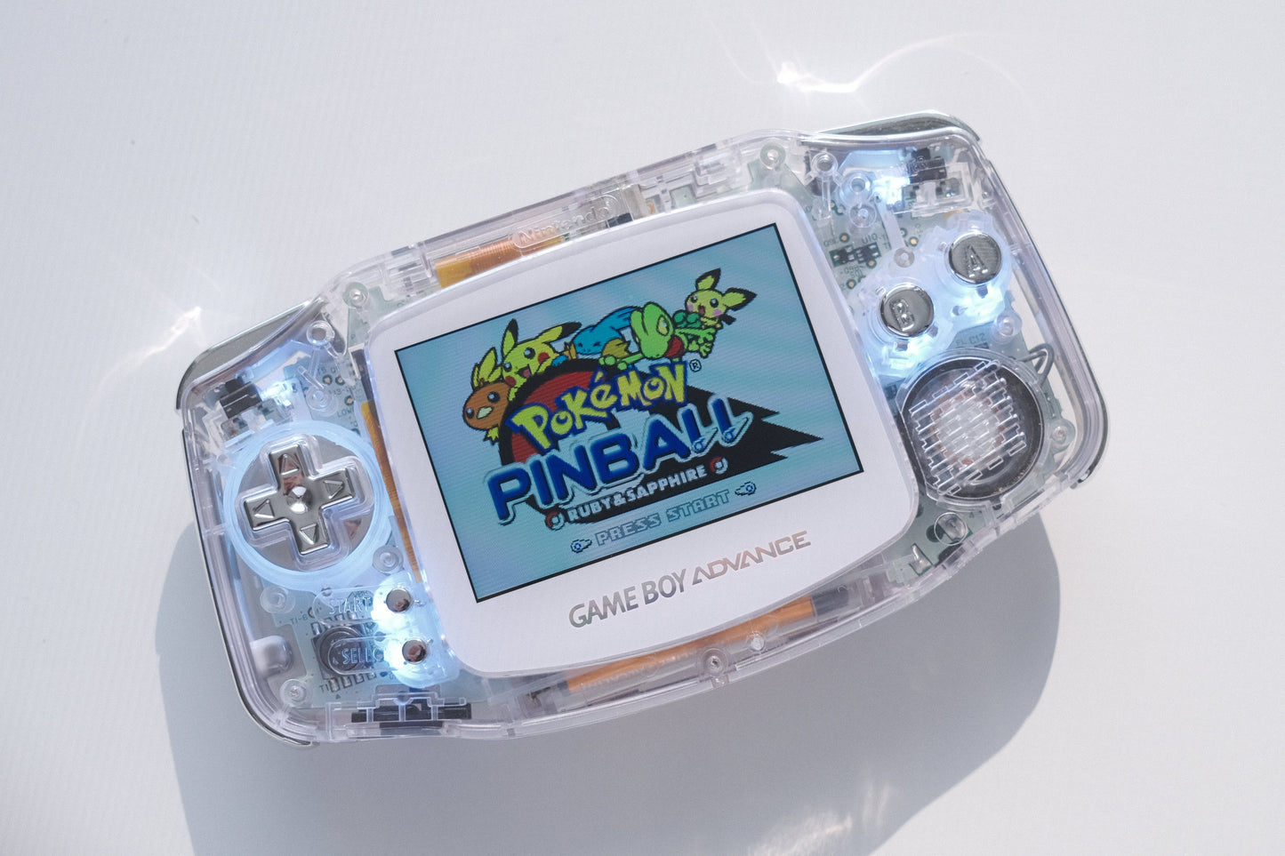 Clear GBA with IPS Screen, LED lights, Silver Chrome Buttons