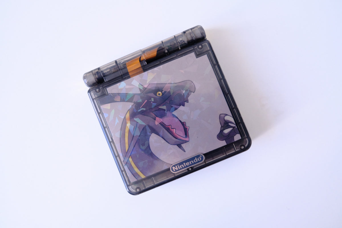 Modded Game Boy Advance SP (GBA SP) - Shiny Rayquaza Theme, IPS V5 Backlit Screen, MaxPlay Battery