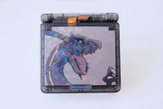Modded Game Boy Advance SP (GBA SP) - Shiny Rayquaza Theme, IPS V5 Backlit Screen, MaxPlay Battery