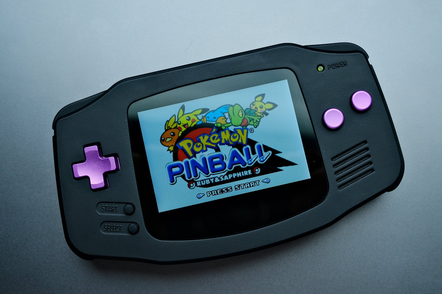 Black GBA with IPS V5 Screen and Purple Metal Buttons