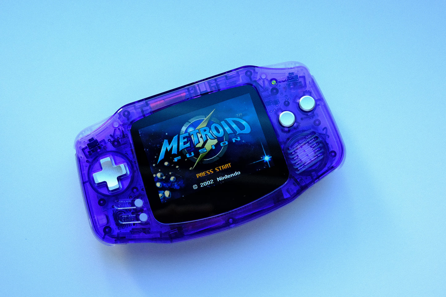 Clear Purple GBA with IPS V5 Screen and Silver Metal Buttons
