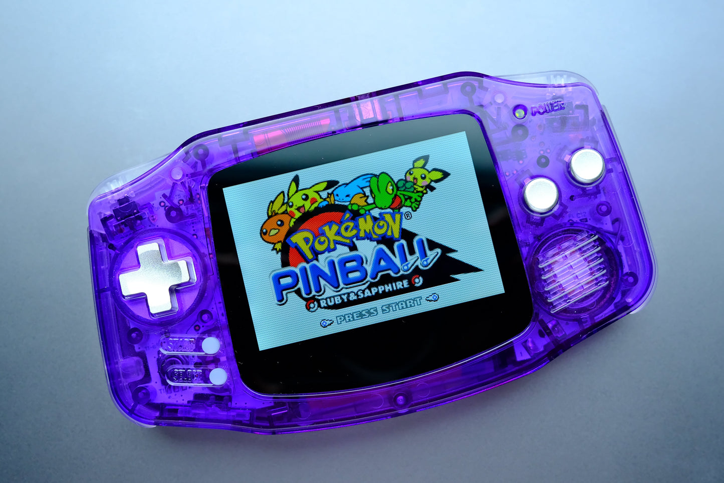 Clear Purple GBA with IPS V5 Screen and Silver Metal Buttons