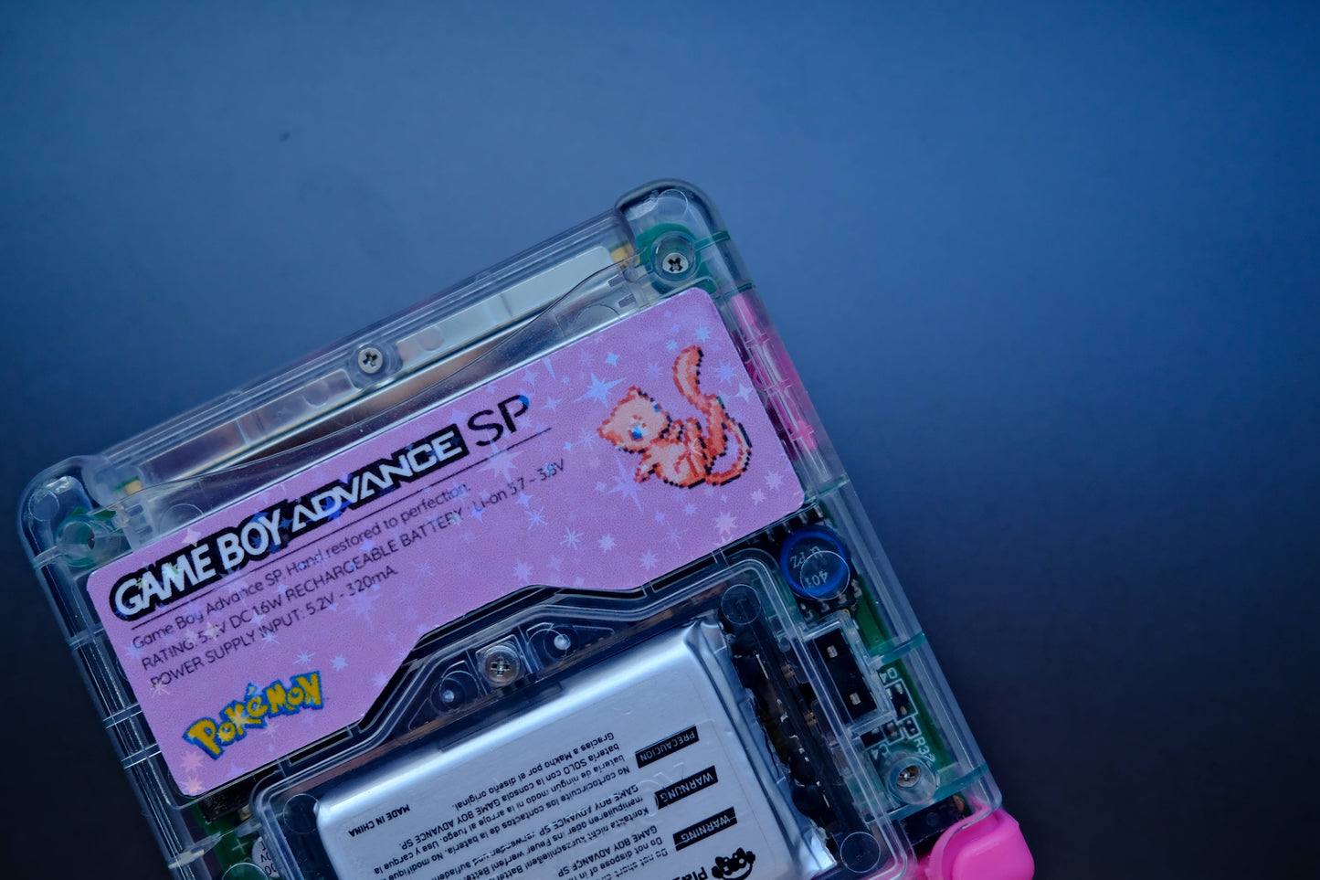 Mew Themed GBA SP with IPS V5 Screen, USB-C Port, MaxPlay Battery