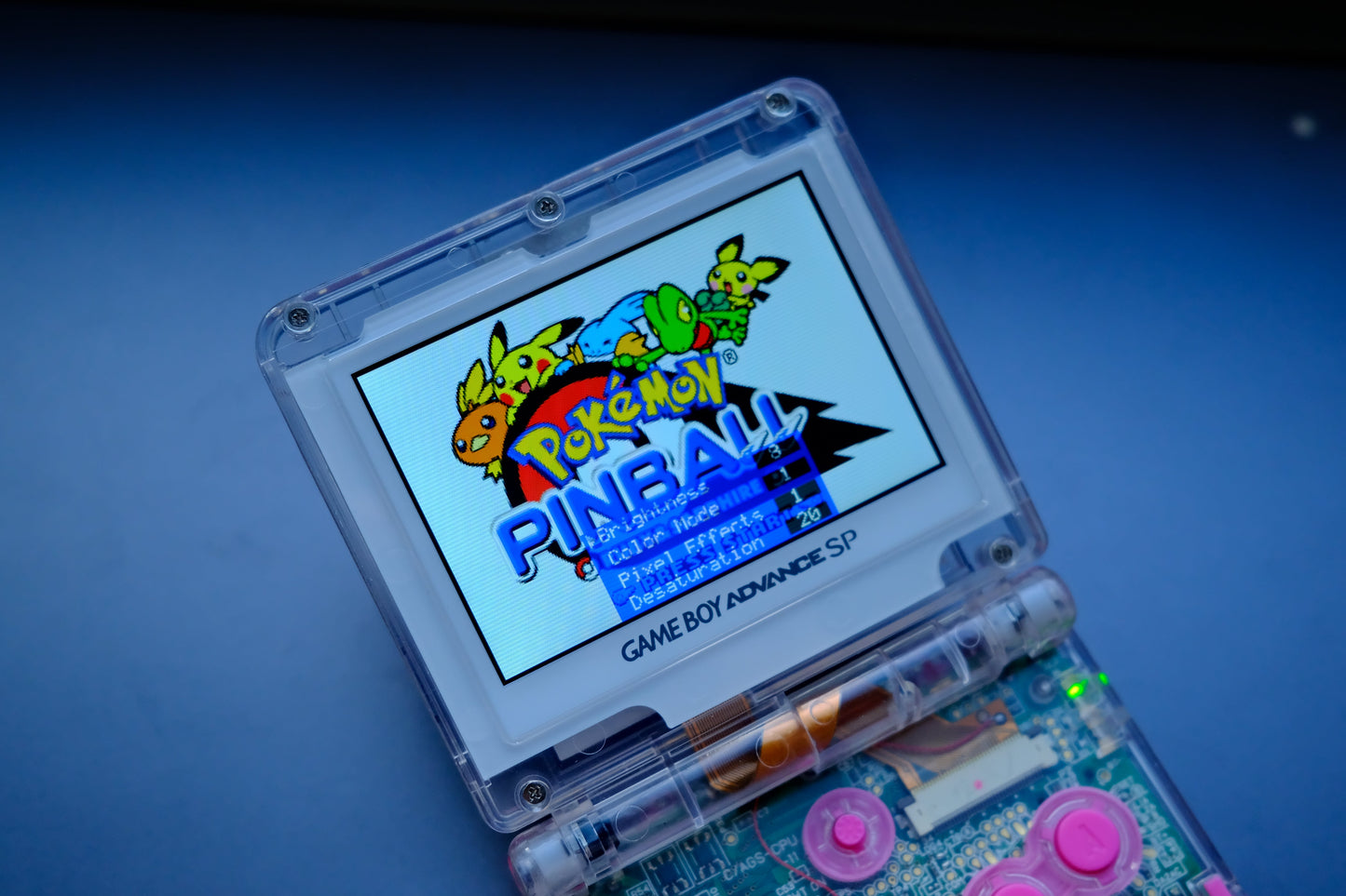 Mew Themed GBA SP with IPS V5 Screen, USB-C Port, MaxPlay Battery
