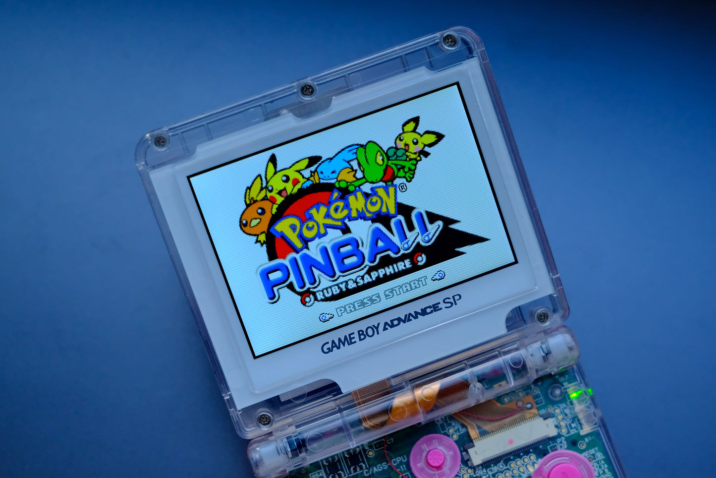 Mew Themed GBA SP with IPS V5 Screen, USB-C Port, MaxPlay Battery