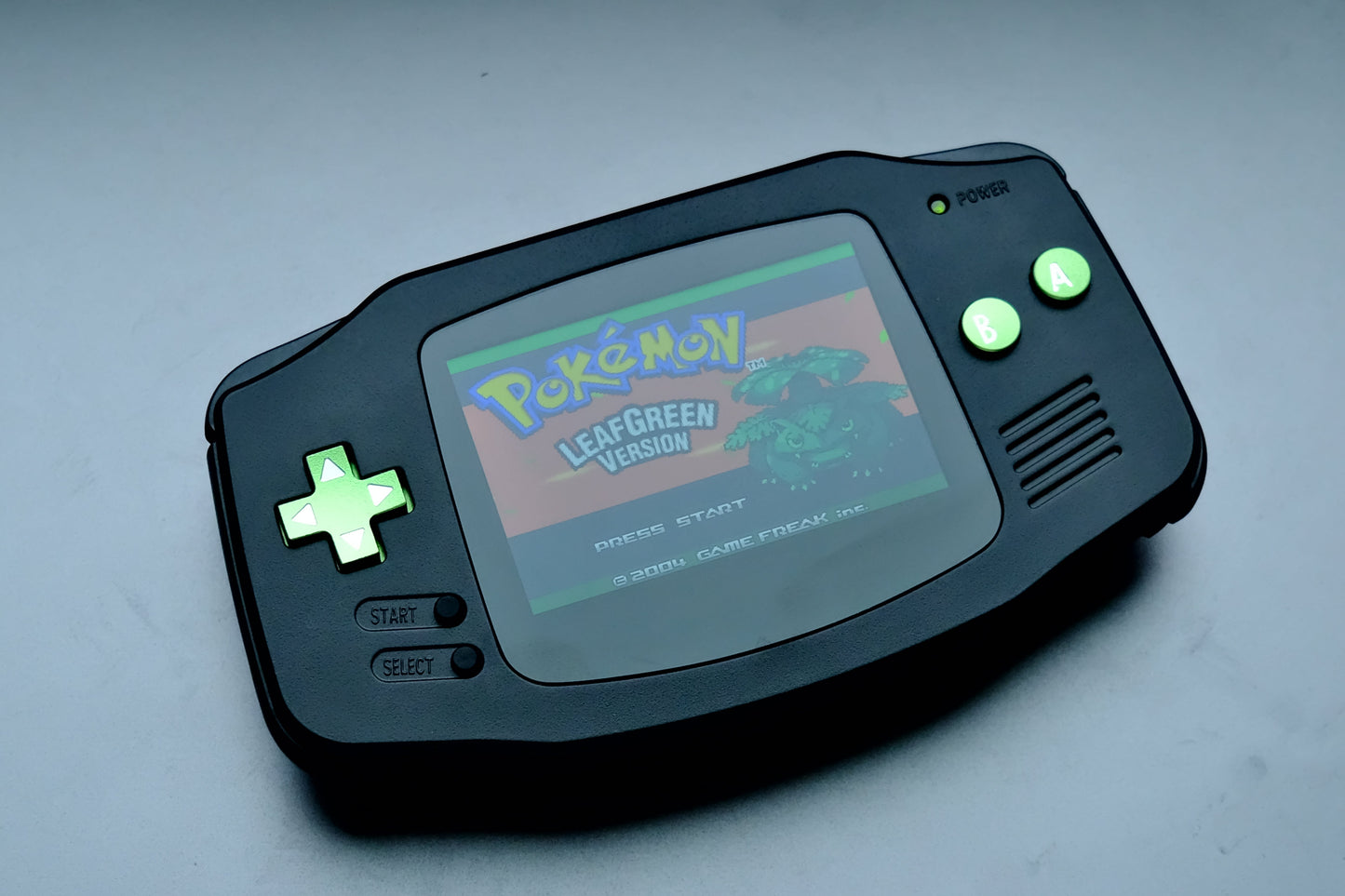 Black GBA with IPS V5 Screen and Green Metal Buttons