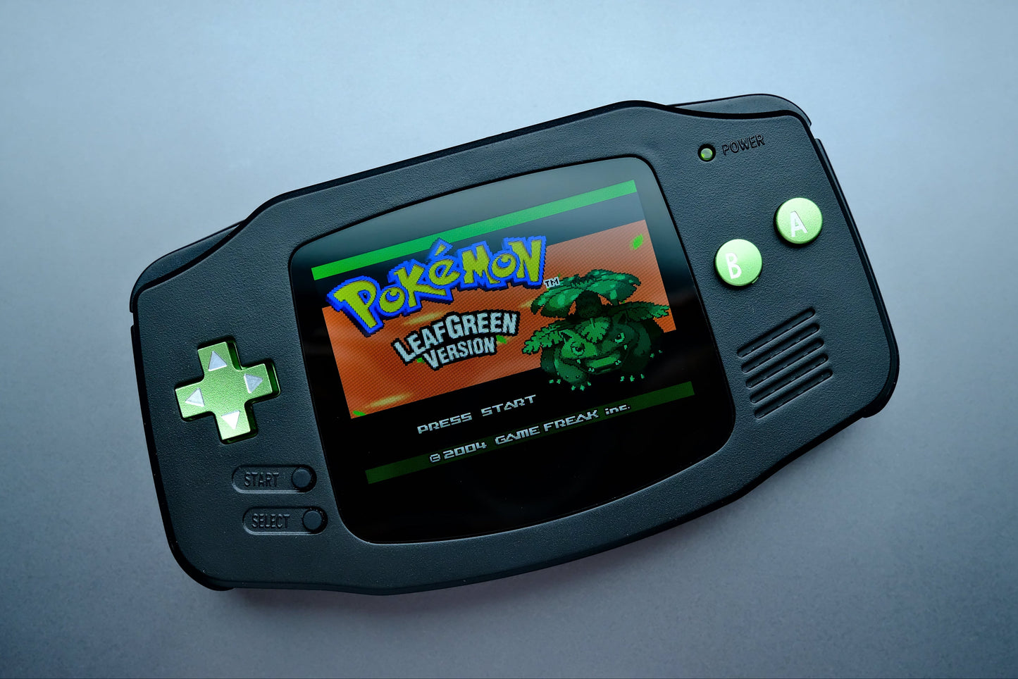 Black GBA with IPS V5 Screen and Green Metal Buttons