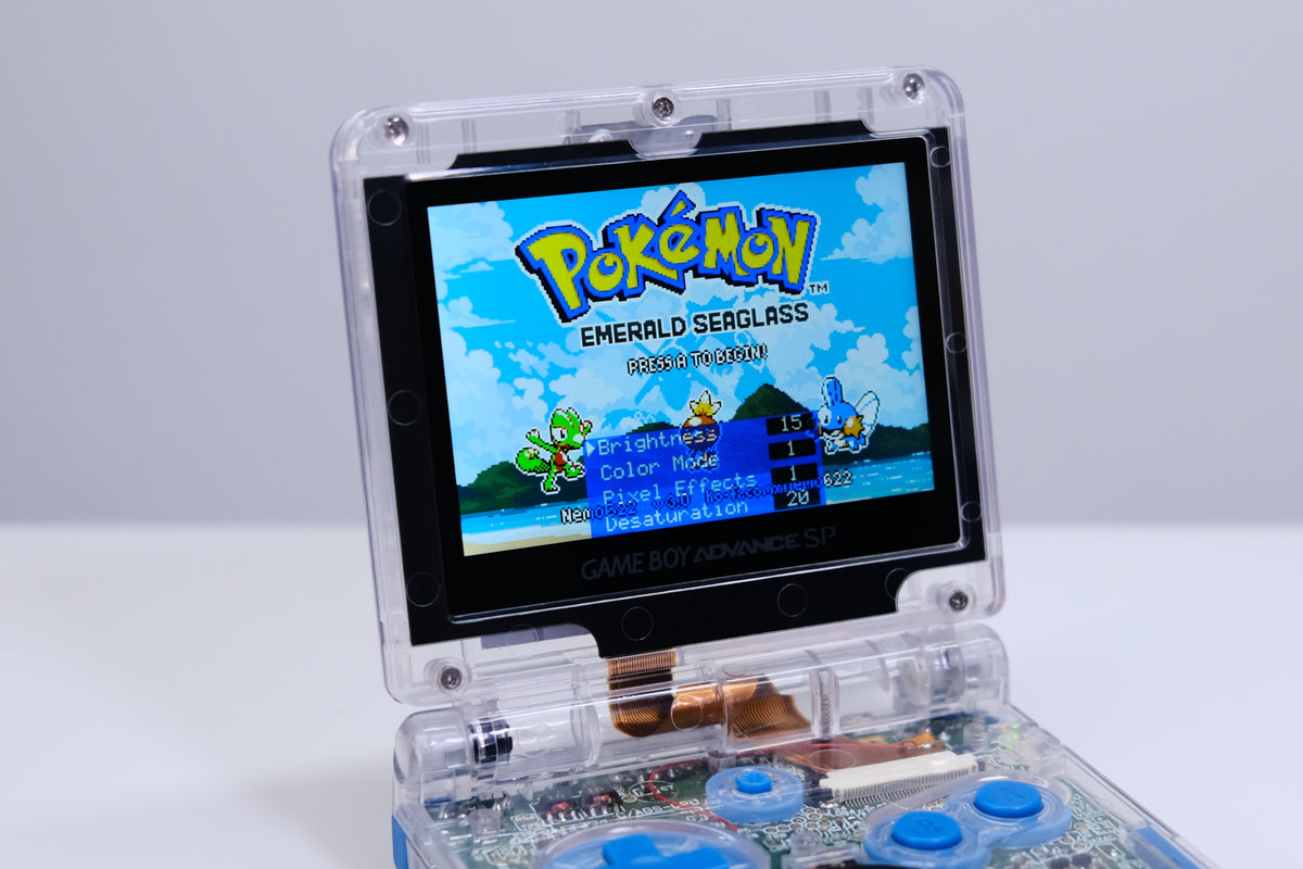 Modded Game Boy Advance SP (GBA SP) - Mudkip Theme, IPS V5 Backlit Screen, MaxPlay Battery