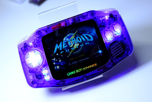 Clear Purple Modded Gameboy Advance GBA with IPS V5 Screen, Purple LED Buttons, and USB-C Battery